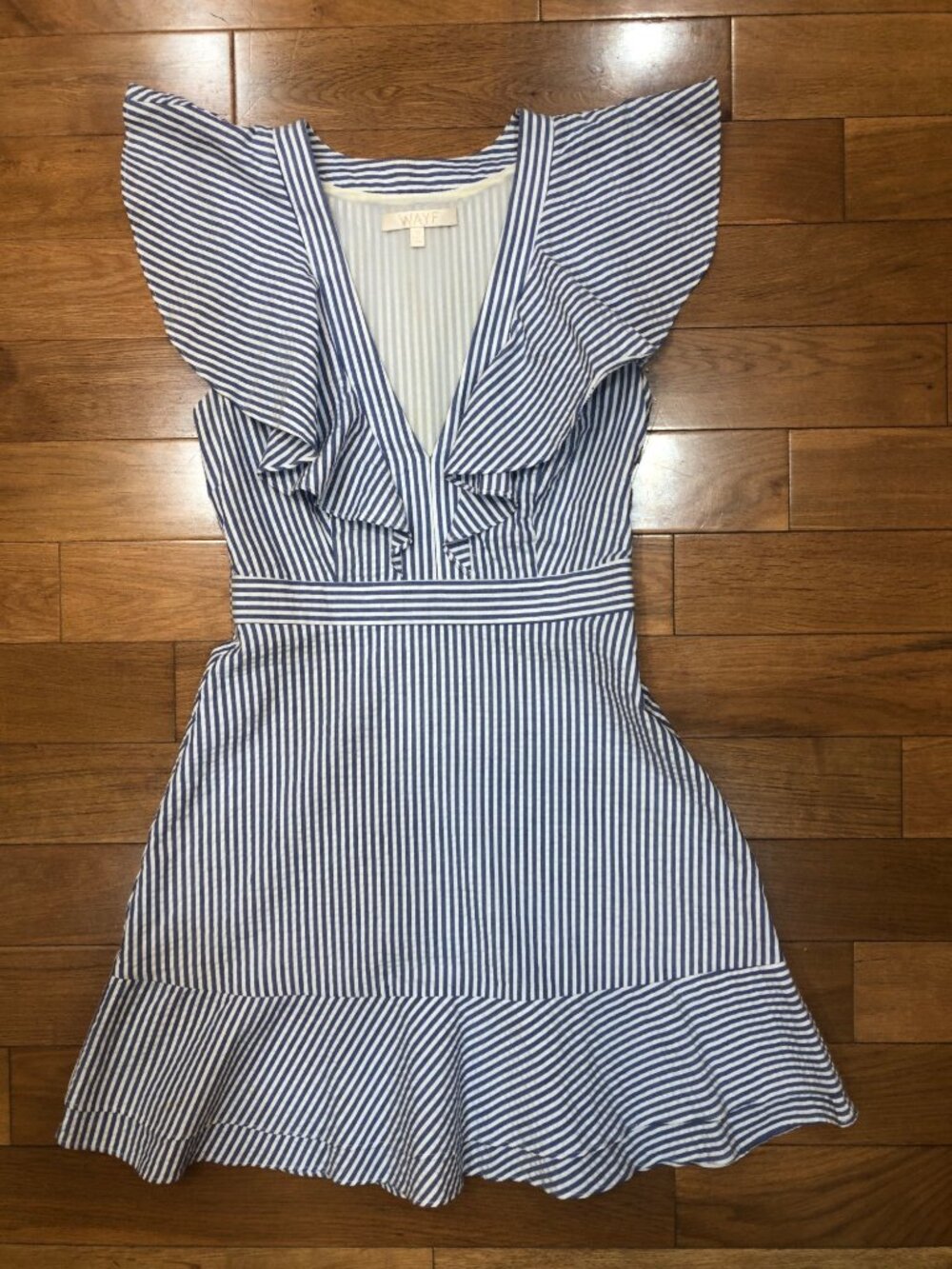 WAYF V Neck Blue & White Striped Seersucker Mini Dress Size XS Nautical Coastal